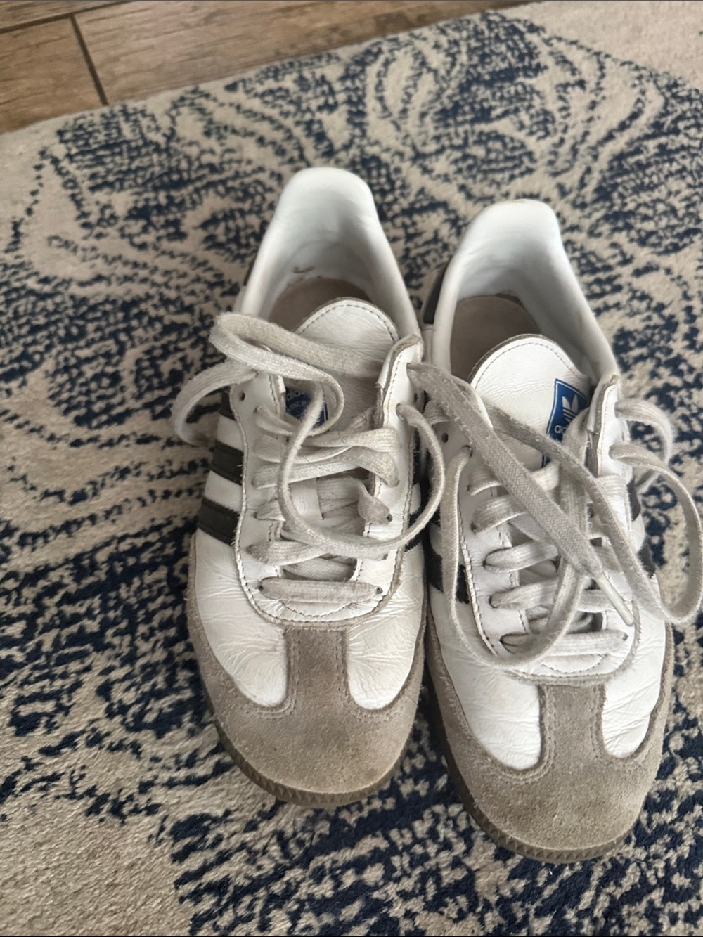 adidas White Sneakers with Gray Suede Accents and Navy Logo